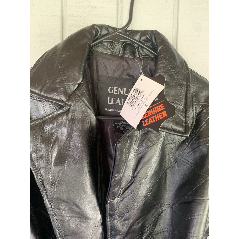 Navarre Women’s Black Genuine Leather Lined Belted Trench Coat Size S